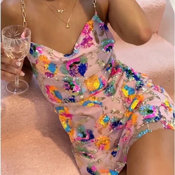 NWT Sisters The Label Kitty Slip Mini Dress - Tropical Barbie & Pearl Silk - Picture 1 of 6